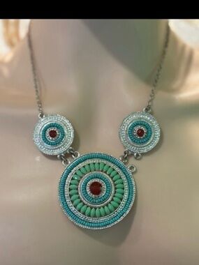 Statement Beaded Mandala Necklace with Turquoise & Red Accents